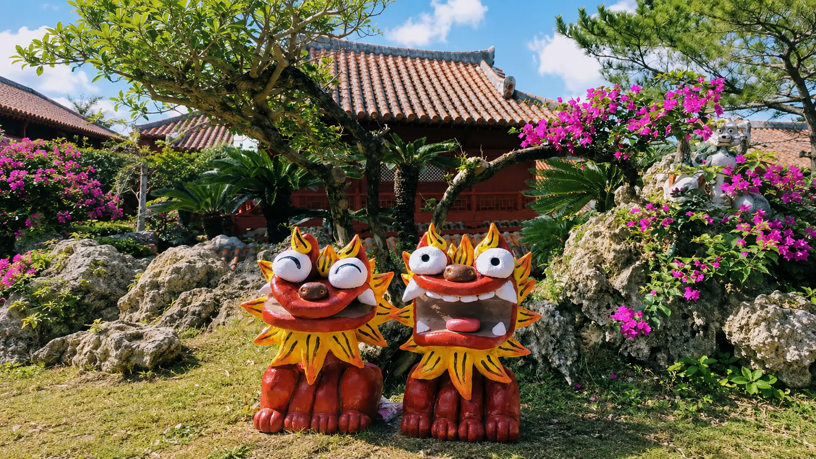Arquitectura tradicional del Reino de Ryūkyū en Okinawa con estatuas shisa