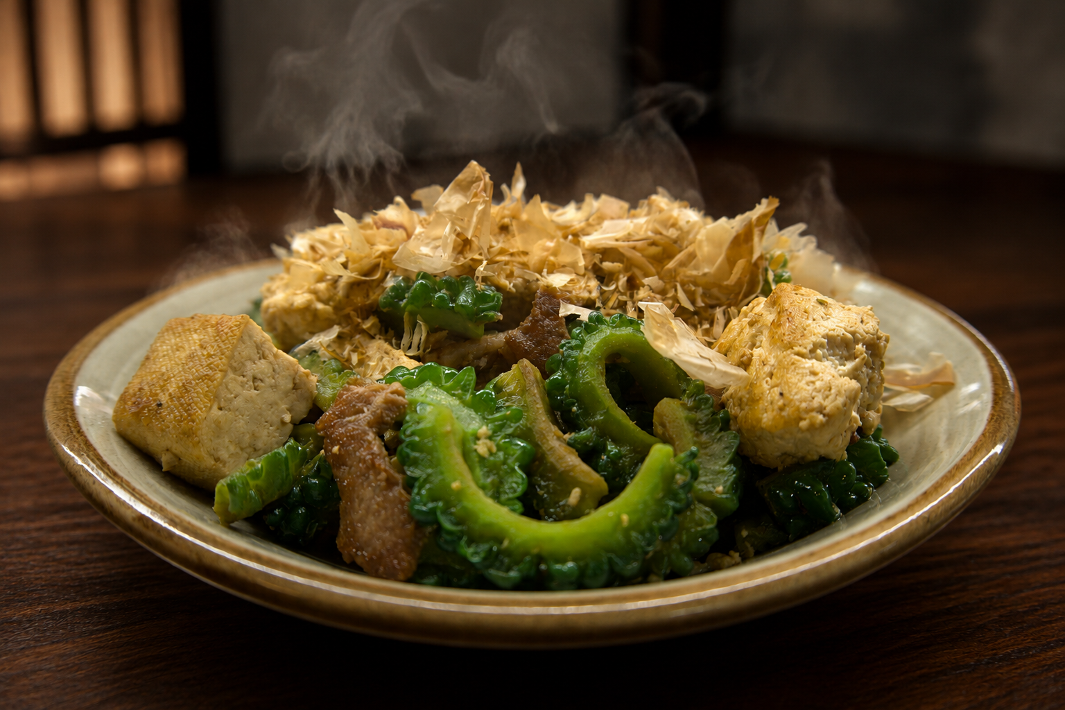 Goya Champuru, salteado tradicional okinawense con melón amargo y tofu